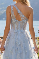 Load image into Gallery viewer, One Shoulder Sparkly Blue Floral Corset A Line Long Beaded Prom Dress