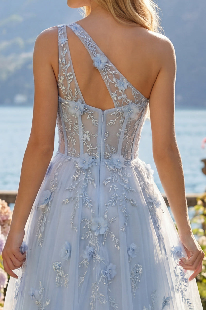 Load image into Gallery viewer, One Shoulder Sparkly Blue Floral Corset A Line Long Beaded Prom Dress