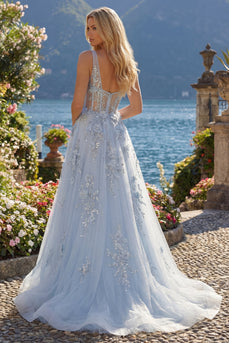 V-Neck A Line Floral Long Sparkly Blue Corset Beaded Prom Dress with Slit