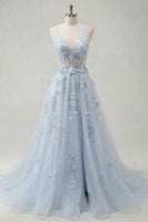 Load image into Gallery viewer, V-Neck A Line Floral Long Sparkly Blue Corset Beaded Prom Dress with Slit