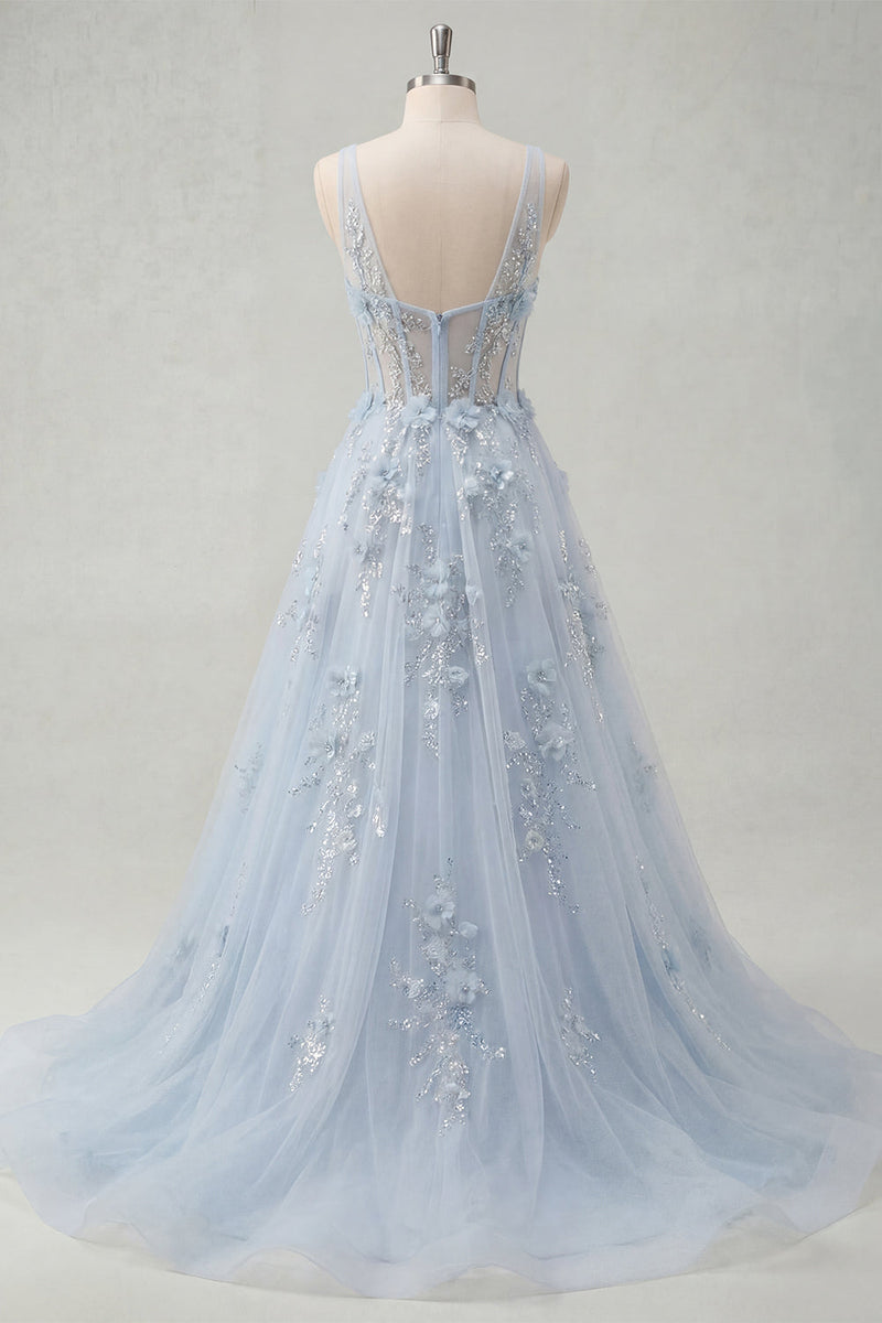 Load image into Gallery viewer, V-Neck A Line Floral Long Sparkly Blue Corset Beaded Prom Dress with Slit