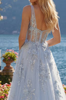Load image into Gallery viewer, V-Neck A Line Floral Long Sparkly Blue Corset Beaded Prom Dress with Slit