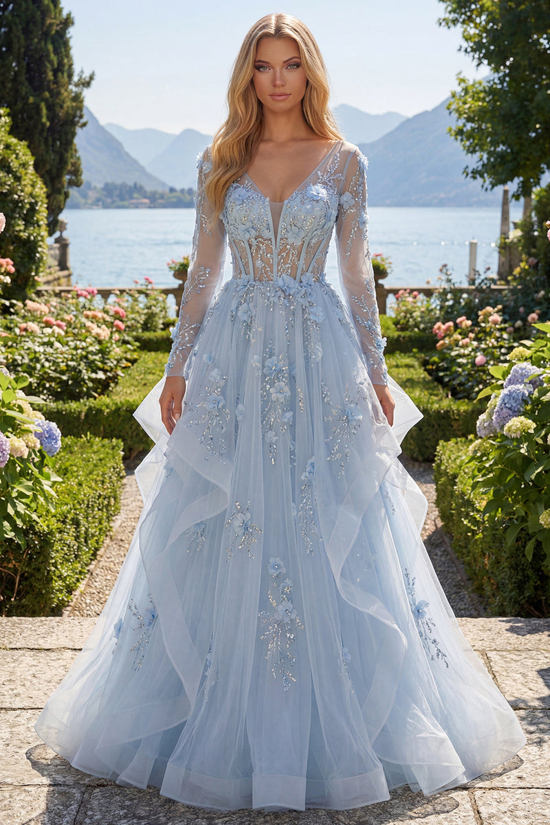 Load image into Gallery viewer, Long Sleeves Sparkly Blue Corset Floral A Line Beaded Long Prom Dress with Ruffles