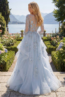 Load image into Gallery viewer, Long Sleeves Sparkly Blue Corset Floral A Line Beaded Long Prom Dress with Ruffles