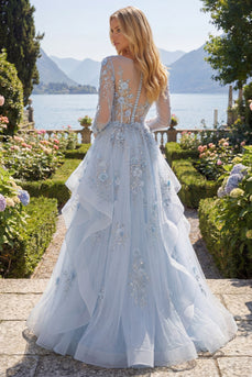 Long Sleeves Sparkly Blue Corset Floral A Line Beaded Long Prom Dress with Ruffles