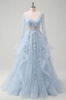 Load image into Gallery viewer, Long Sleeves Sparkly Blue Corset Floral A Line Beaded Long Prom Dress with Ruffles