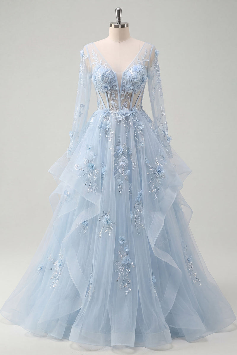 Load image into Gallery viewer, Long Sleeves Sparkly Blue Corset Floral A Line Beaded Long Prom Dress with Ruffles