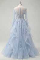Load image into Gallery viewer, Long Sleeves Sparkly Blue Corset Floral A Line Beaded Long Prom Dress with Ruffles