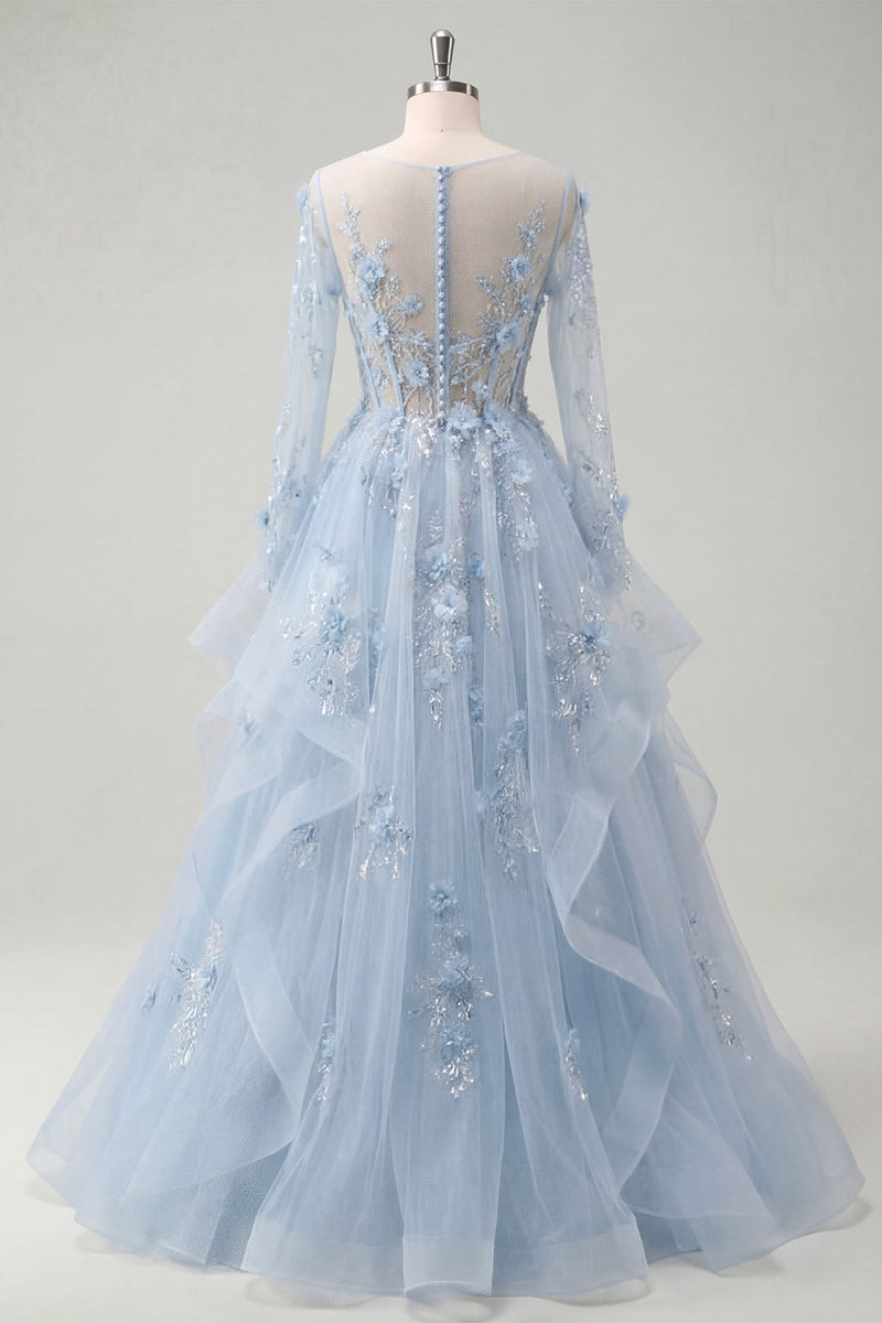 Load image into Gallery viewer, Long Sleeves Sparkly Blue Corset Floral A Line Beaded Long Prom Dress with Ruffles