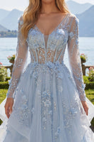 Load image into Gallery viewer, Long Sleeves Sparkly Blue Corset Floral A Line Beaded Long Prom Dress with Ruffles