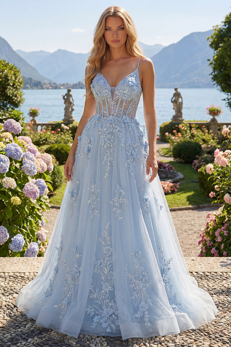 Load image into Gallery viewer, Spaghetti Straps Sparkly Blue Floral Corset A Line Long Beaded Prom Dress