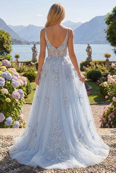 Spaghetti Straps Sparkly Blue Floral Corset A Line Long Beaded Prom Dress