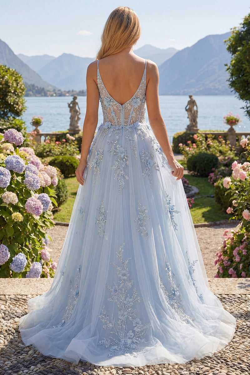 Load image into Gallery viewer, Spaghetti Straps Sparkly Blue Floral Corset A Line Long Beaded Prom Dress
