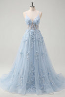 Load image into Gallery viewer, Spaghetti Straps Sparkly Blue Floral Corset A Line Long Beaded Prom Dress