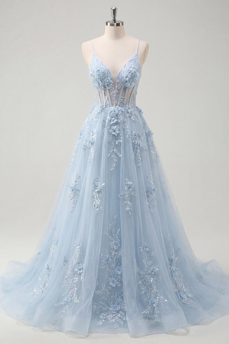 Load image into Gallery viewer, Spaghetti Straps Sparkly Blue Floral Corset A Line Long Beaded Prom Dress