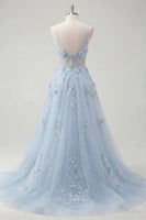 Load image into Gallery viewer, Spaghetti Straps Sparkly Blue Floral Corset A Line Long Beaded Prom Dress