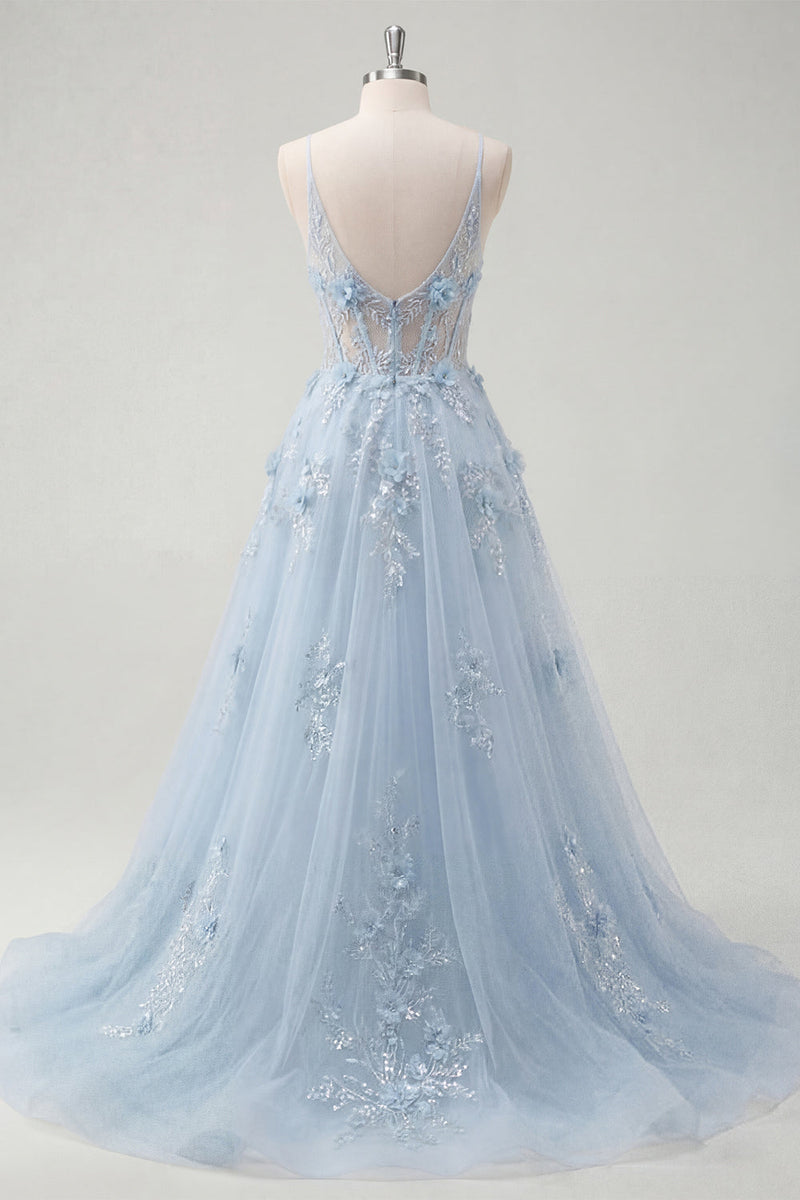 Load image into Gallery viewer, Spaghetti Straps Sparkly Blue Floral Corset A Line Long Beaded Prom Dress