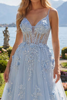 Load image into Gallery viewer, Spaghetti Straps Sparkly Blue Floral Corset A Line Long Beaded Prom Dress