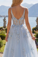 Load image into Gallery viewer, Spaghetti Straps Sparkly Blue Floral Corset A Line Long Beaded Prom Dress