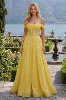 Load image into Gallery viewer, Yellow Glitter Corset Off the Shoulder A Line Long Prom Dress