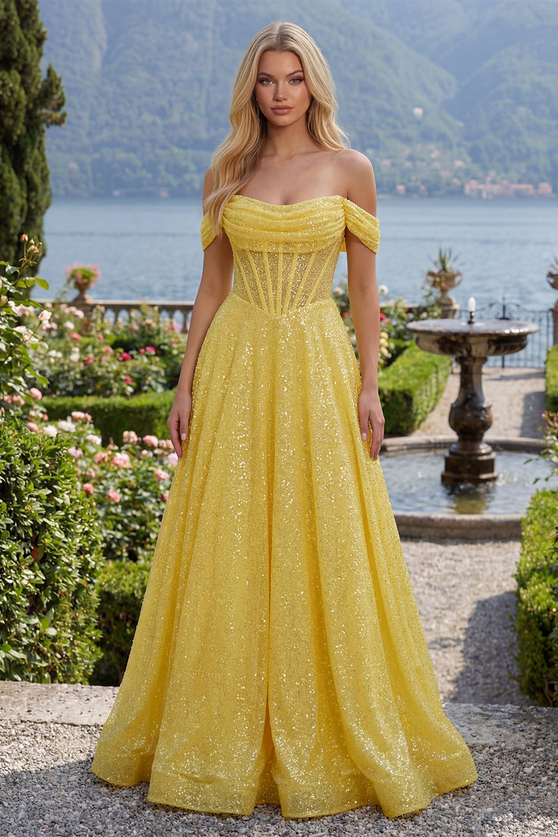 Load image into Gallery viewer, Yellow Glitter Corset Off the Shoulder A Line Long Prom Dress