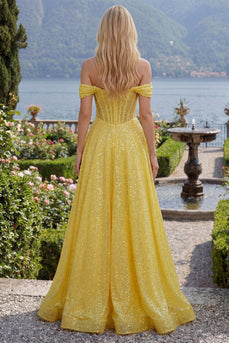 Yellow Glitter Corset Off the Shoulder A Line Long Prom Dress