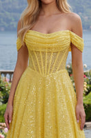Load image into Gallery viewer, Yellow Glitter Corset Off the Shoulder A Line Long Prom Dress