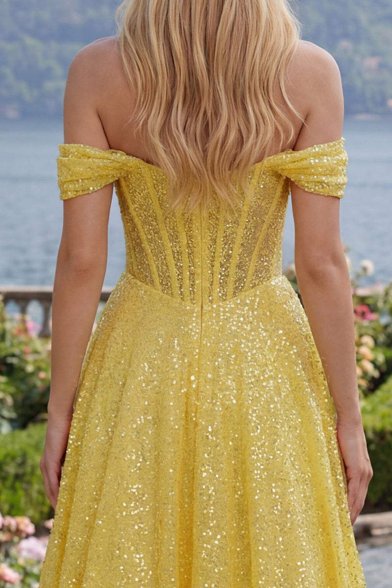 Load image into Gallery viewer, Yellow Glitter Corset Off the Shoulder A Line Long Prom Dress