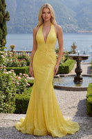 Load image into Gallery viewer, Mermaid Halter Yellow Glitter Ruched Long Prom Dress