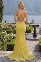 Load image into Gallery viewer, Mermaid Halter Yellow Glitter Ruched Long Prom Dress