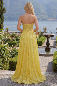 Yellow Corset Glitter A Line Long Prom Dress with Slit
