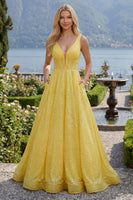 Load image into Gallery viewer, Corset V-Neck Yellow Glitter A Line Long Prom Dress with Pockets