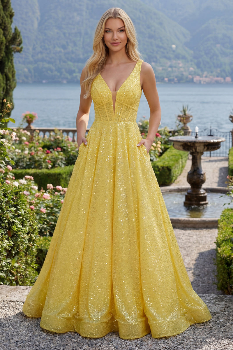 Load image into Gallery viewer, Corset V-Neck Yellow Glitter A Line Long Prom Dress with Pockets