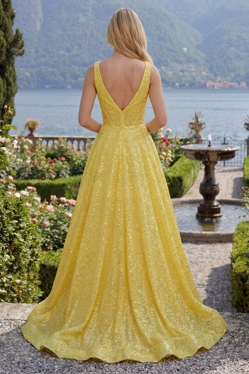 Load image into Gallery viewer, Corset V-Neck Yellow Glitter A Line Long Prom Dress with Pockets