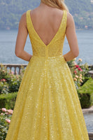 Load image into Gallery viewer, Corset V-Neck Yellow Glitter A Line Long Prom Dress with Pockets