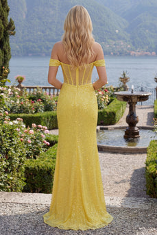 Corset Mermaid Off the Shoulder Yellow Glitter Long Prom Dress with Slit