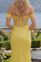 Load image into Gallery viewer, Corset Mermaid Off the Shoulder Yellow Glitter Long Prom Dress with Slit