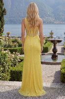 Load image into Gallery viewer, Ruched Mermaid Corset One Shoulder Yellow Glitter Long Prom Dress with Slit
