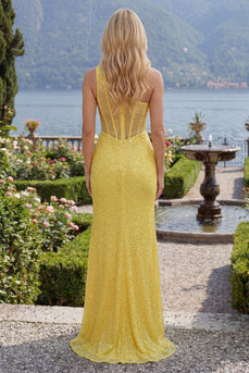 Ruched Mermaid Corset One Shoulder Yellow Glitter Long Prom Dress with Slit