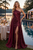 Load image into Gallery viewer, Sparkly Burgundy One Shoulder Sequin A Line Long Prom Dress with Cape