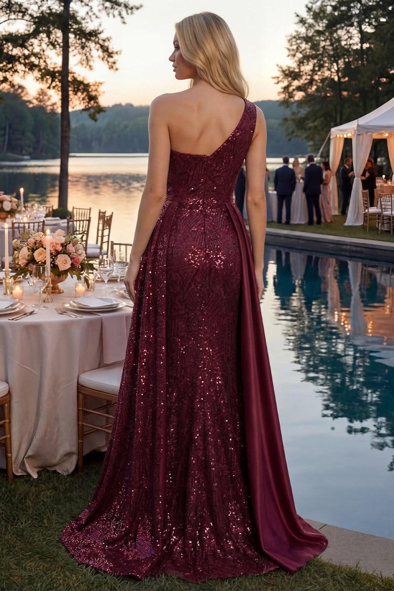 Load image into Gallery viewer, Sparkly Burgundy One Shoulder Sequin A Line Long Prom Dress with Cape