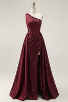 Load image into Gallery viewer, Sparkly Burgundy One Shoulder Sequin A Line Long Prom Dress with Cape