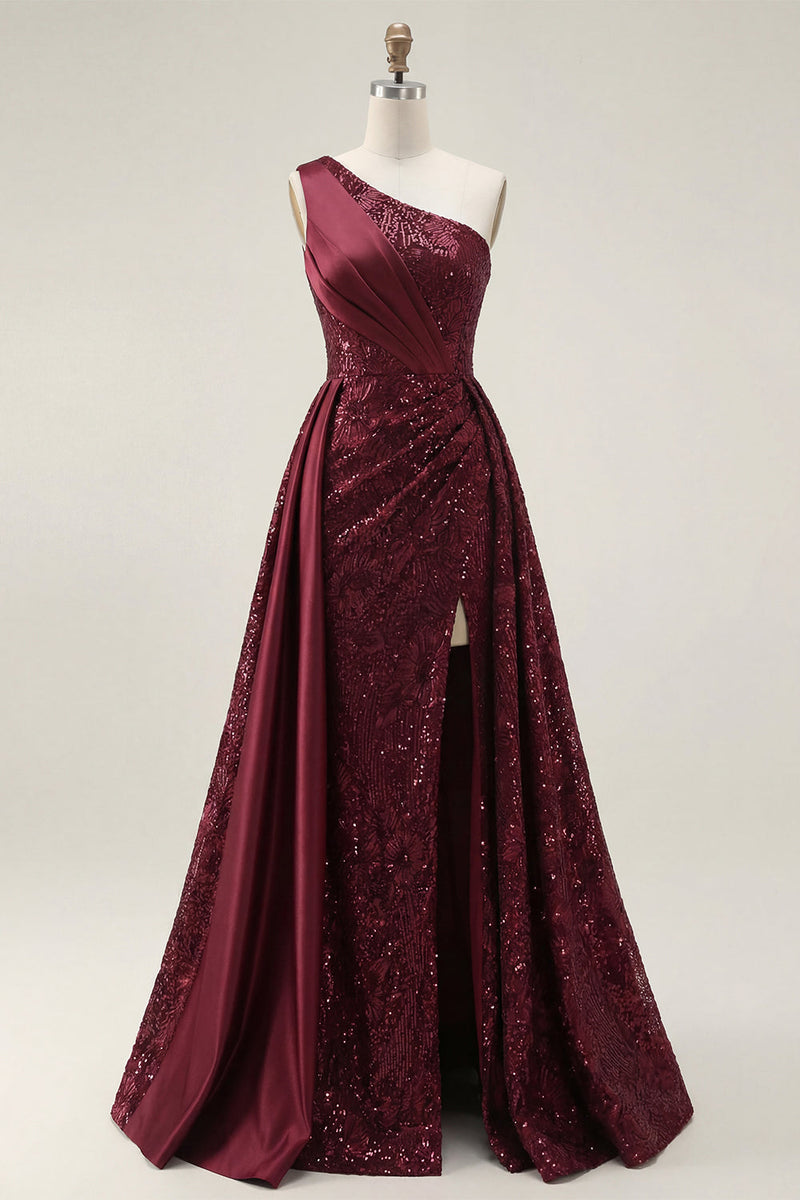 Load image into Gallery viewer, Sparkly Burgundy One Shoulder Sequin A Line Long Prom Dress with Cape