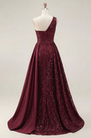Load image into Gallery viewer, Sparkly Burgundy One Shoulder Sequin A Line Long Prom Dress with Cape