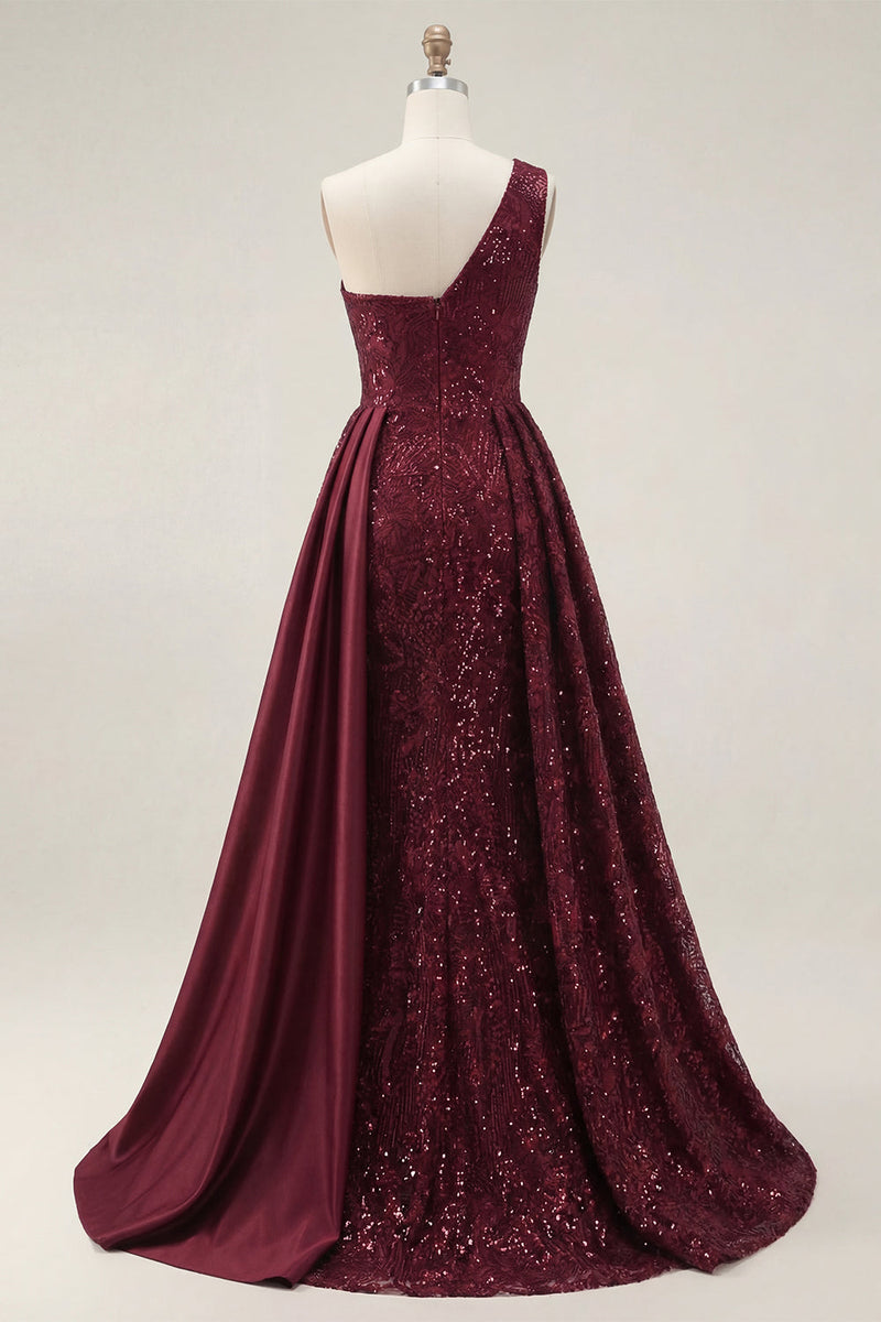 Load image into Gallery viewer, Sparkly Burgundy One Shoulder Sequin A Line Long Prom Dress with Cape