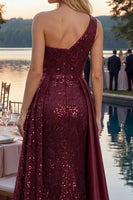 Load image into Gallery viewer, Sparkly Burgundy One Shoulder Sequin A Line Long Prom Dress with Cape