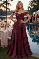 Load image into Gallery viewer, A Line Off the Shoulder Burgundy Sparkly Long Sequin Prom Dress with Cape