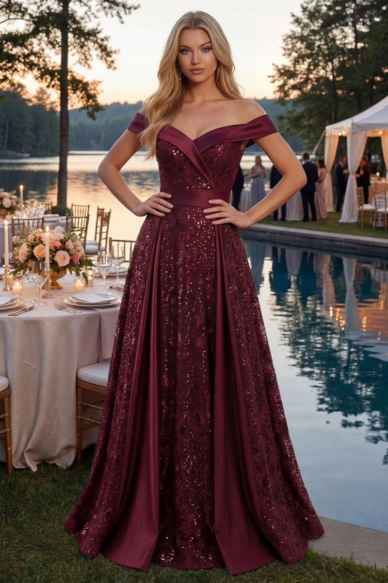 Load image into Gallery viewer, A Line Off the Shoulder Burgundy Sparkly Long Sequin Prom Dress with Cape