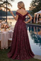 Load image into Gallery viewer, A Line Off the Shoulder Burgundy Sparkly Long Sequin Prom Dress with Cape