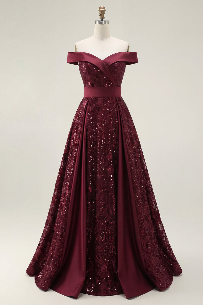 Load image into Gallery viewer, A Line Off the Shoulder Burgundy Sparkly Long Sequin Prom Dress with Cape